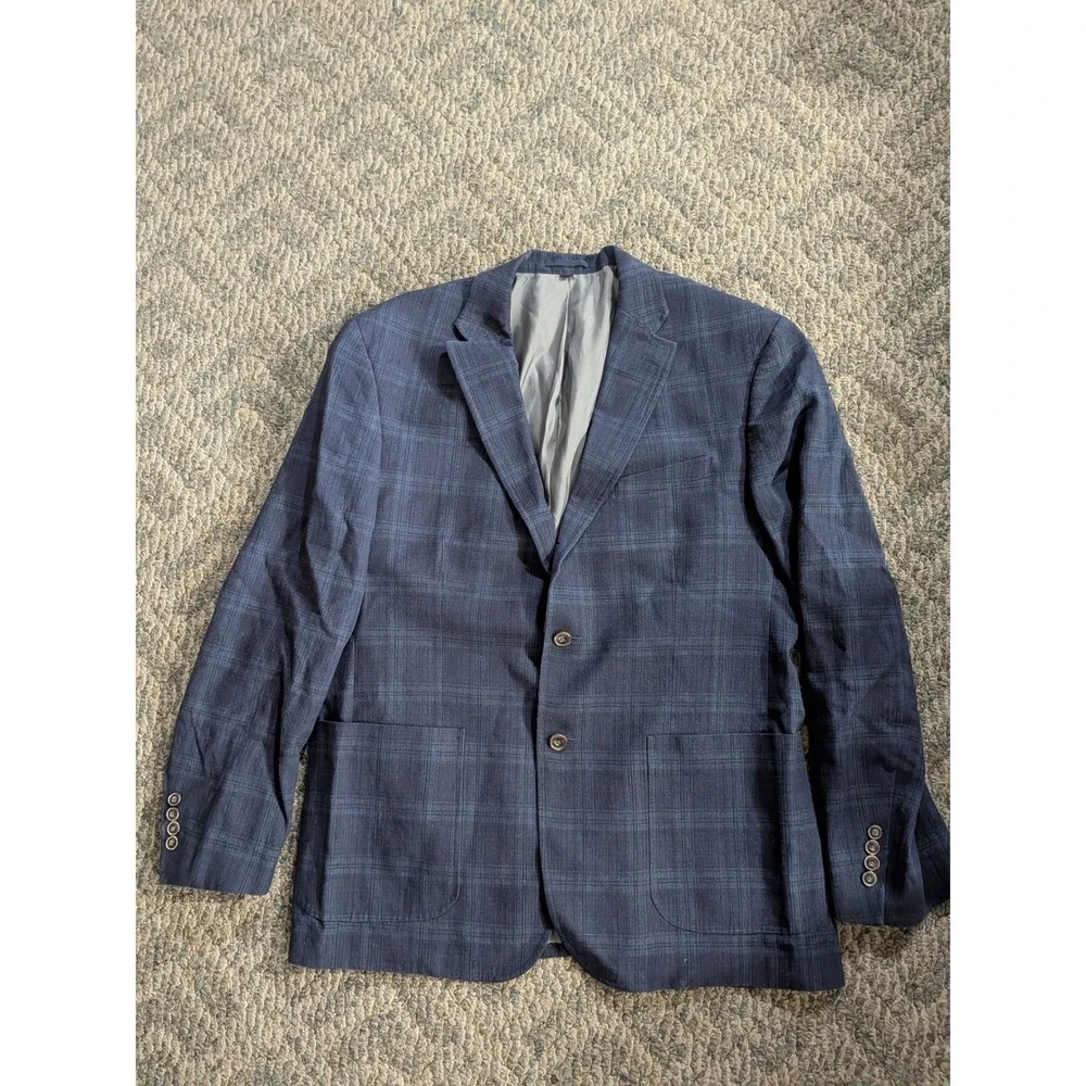 Jos. A. Bank 1905 Tailored Fit Navy Plaid Linen Cotton Sport Coat Blazer 44R